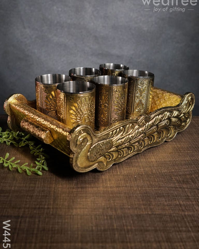 German Oxidised Tray With 6 Glass - W4451 Meenakari Trays & Tray Sets
