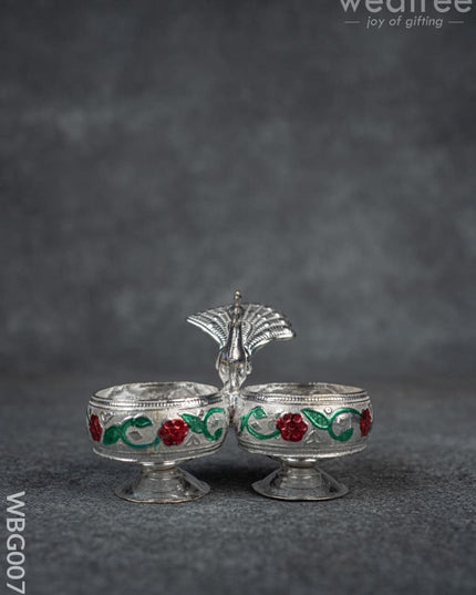 German Silver 2-Cup Kumkum Holder with Meenakari Prints - WBG0076 - German Silver Kumkum Holder - RG