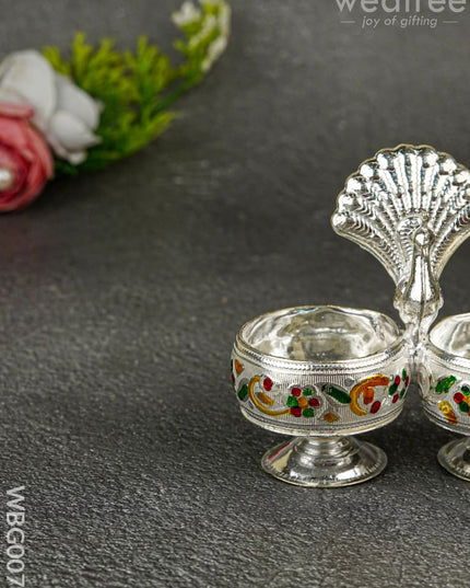 German Silver 2-Cup Kumkum Holder with Meenakari Prints - WBG0076 - German Silver Kumkum Holder - RG