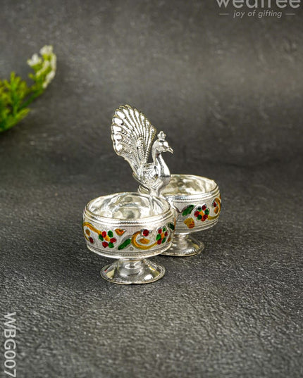 German Silver 2-Cup Kumkum Holder with Meenakari Prints - WBG0076 - German Silver Kumkum Holder - RG