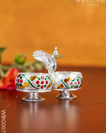 German Silver Kumkum Holder With Meenakari Design Embossed - Wbg0076 Silver Holder