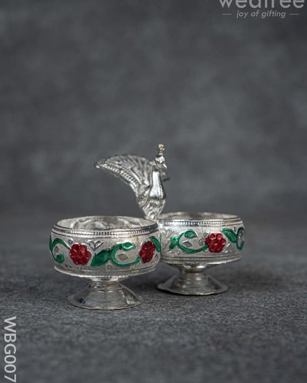 German Silver 2-Cup Kumkum Holder with Meenakari Prints - WBG0076 - German Silver Kumkum Holder - RG
