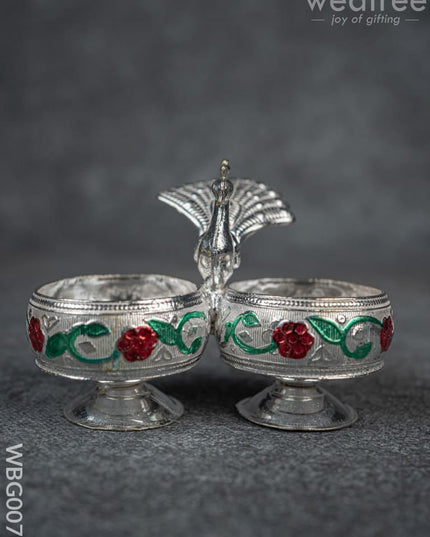 German Silver 2-Cup Kumkum Holder with Meenakari Prints - WBG0076 - German Silver Kumkum Holder - RG