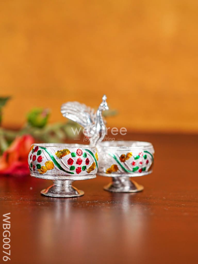 German Silver 2-Cup Kumkum Holder with Meenakari Prints WBG0076