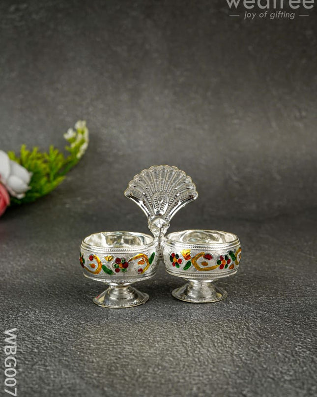 German Silver 2-Cup Kumkum Holder with Meenakari Prints - WBG0076 - German Silver Kumkum Holder - RG