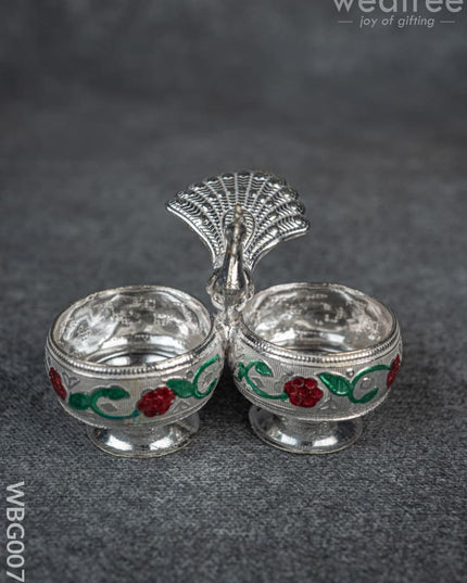 German Silver 2-Cup Kumkum Holder with Meenakari Prints - WBG0076 - German Silver Kumkum Holder - RG