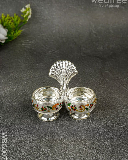German Silver 2-Cup Kumkum Holder with Meenakari Prints - WBG0076 - German Silver Kumkum Holder - RG