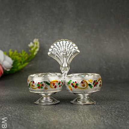 German Silver 2-Cup Kumkum Holder with Meenakari Prints - WBG0076 - German Silver Kumkum Holder - RG