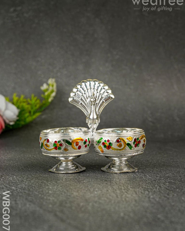 German Silver 2-Cup Kumkum Holder with Meenakari Prints - WBG0076 - German Silver Kumkum Holder - RG