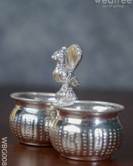 German Silver 2 Cups Kumkum Holder With Floral Design And Peacock On The Top - Wbg0085 Holders