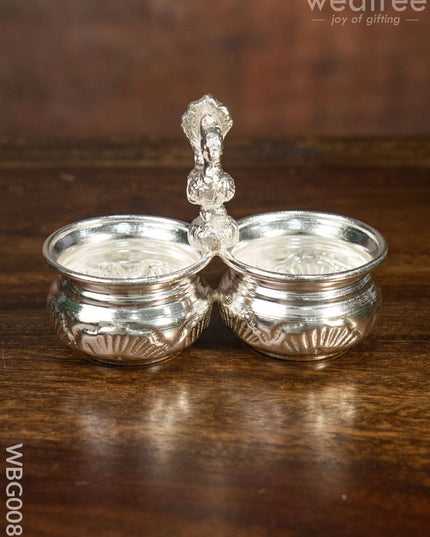 German Silver 2 Cups Kumkum Holder With Floral Design And Peacock On The Top - Wbg0085 Holders