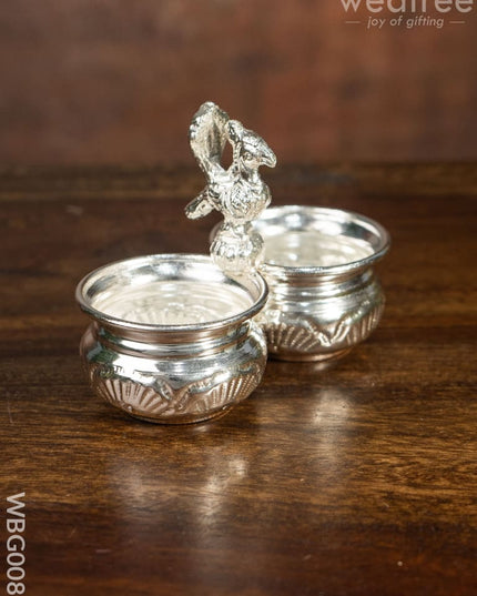 German Silver 2 Cups Kumkum Holder With Floral Design And Peacock On The Top - Wbg0085 Holders