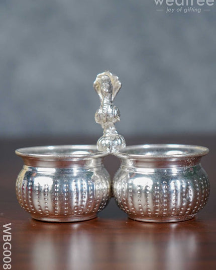 German Silver 2 Cups Kumkum Holder With Floral Design And Peacock On The Top - Wbg0085 Holders