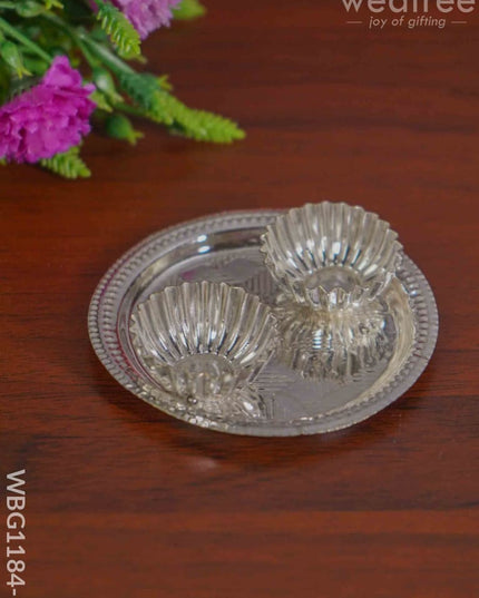 German Silver 2 Cups Kumkum Holder With Round Base - Wbg1184-1 Holders