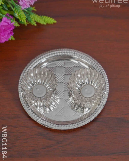 German Silver 2 Cups Kumkum Holder With Round Base - Wbg1184-1 Holders