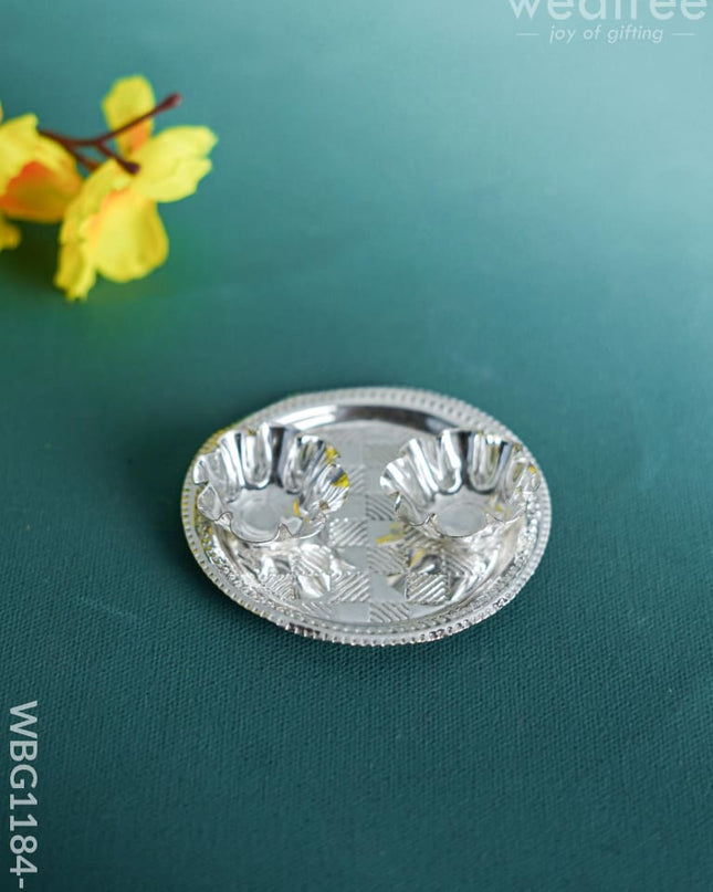 German Silver 2 Cups Kumkum Holder with Round Base - WBG1184-1 German Silver Kumkum Holder - RG