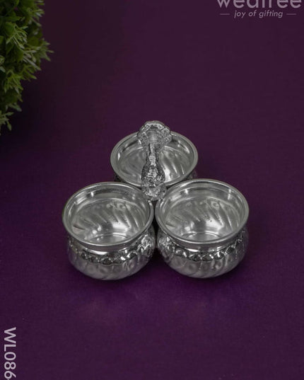 German Silver 3 Cup Peacock Kumkum Holder - Wl0864 Pooja Utility