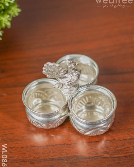 German Silver 3 Cup Peacock Kumkum Holder - Wl0864 Pooja Utility