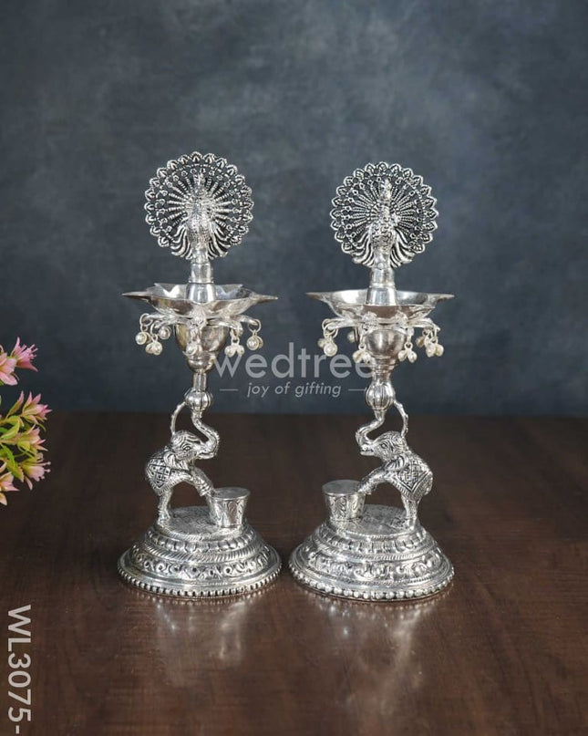 German Silver 5-Face Elephant Diya - Set Of 2 Wl3075 1 Diyas