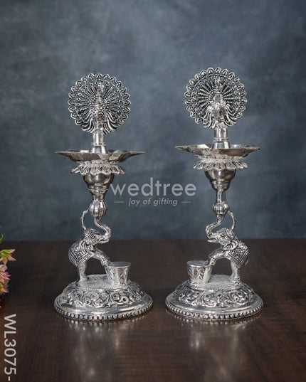 German Silver 5-Face Elephant Diya - Set Of 2 Wl3075 3 Diyas