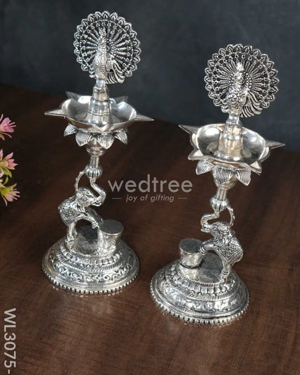 German Silver 5-Face Elephant Diya - Set Of 2 Wl3075 Diyas