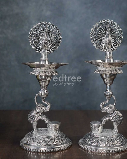 German Silver 5-Face Elephant Diya - Set Of 2 Wl3075 Diyas