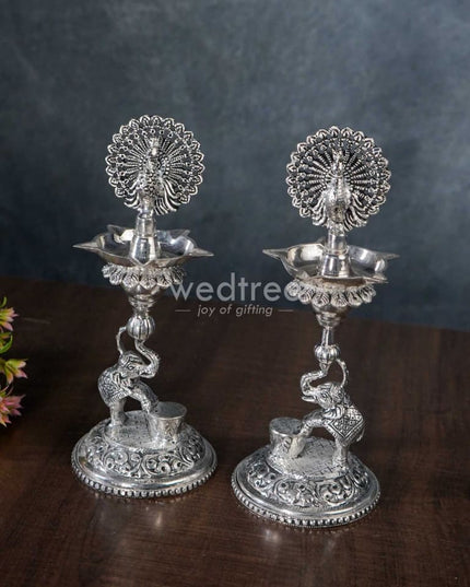 German Silver 5-Face Elephant Diya - Set Of 2 Wl3075 Diyas