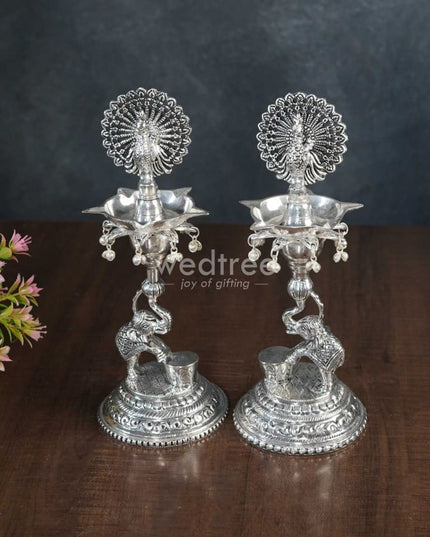 German Silver 5-Face Elephant Diya - Set Of 2 Wl3075 Diyas