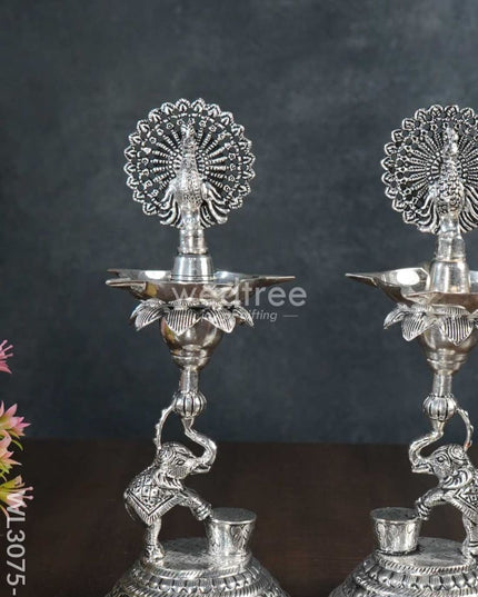 German Silver 5-Face Elephant Diya - Set Of 2 Wl3075 Diyas