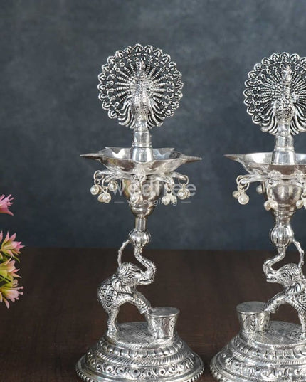 German Silver 5-Face Elephant Diya - Set Of 2 Wl3075 Diyas