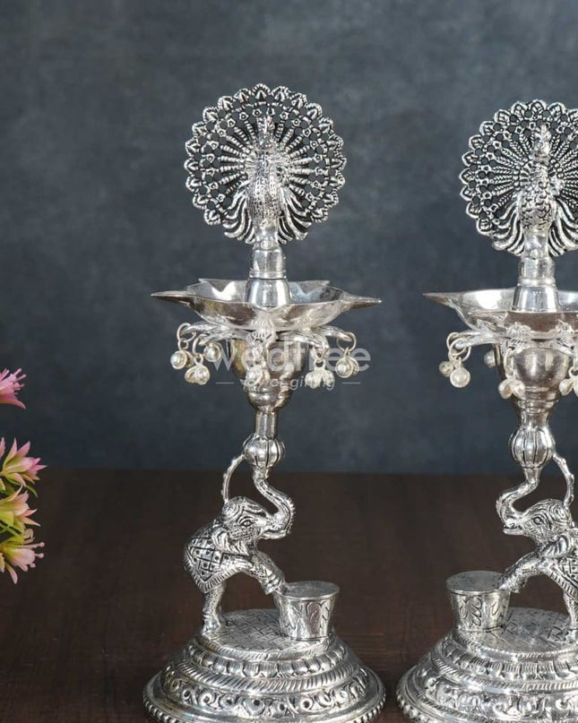 German Silver 5-Face Elephant Diya - Set Of 2 Wl3075 Diyas