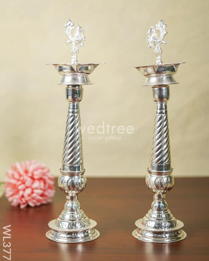 German Silver Peacock 5 Face Kuthu Vilaku - 16 Inch Wl3770 Diyas