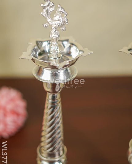 German Silver Peacock 5 Face Kuthu Vilaku - 16 Inch Wl3770 Diyas