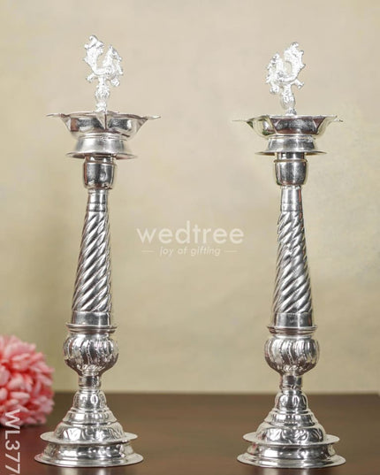 German Silver Annapakshi 5 Face Kuthu Vilaku - Set Of 2 16 Inch Wl3770 Diyas