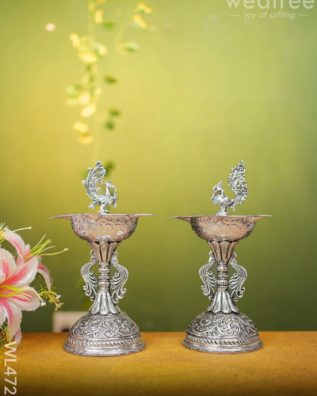 German Silver Annapakshi Kuthu Vilaku- 10 Inch- Set Of 2 - Wl4723 Diyas