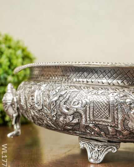 German Silver Antique Elephant Urli Wiith Tri-Stand - 14 Inch Wl1771