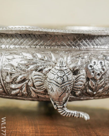 German Silver Antique Elephant Urli Wiith Tri-Stand - 14 Inch Wl1771