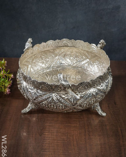German Silver Antique Floral Urli With Elephant Stand - 9 Inch Wl2864
