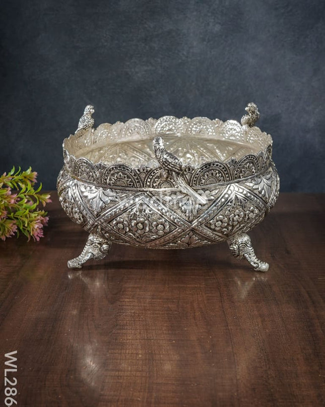 German Silver Antique Floral Urli With Elephant Stand - 9 Inch Wl2864