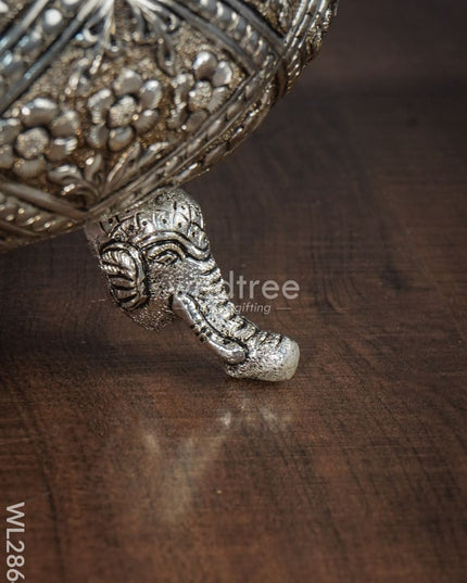 German Silver Antique Floral Urli With Elephant Stand - 9 Inch Wl2864