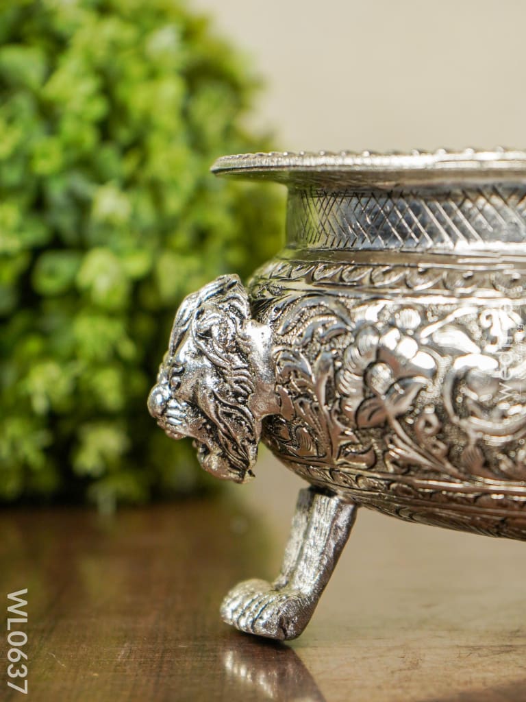 German Silver Antique Floral Urli With Lion Stand - 7.5 Inch Wl0637