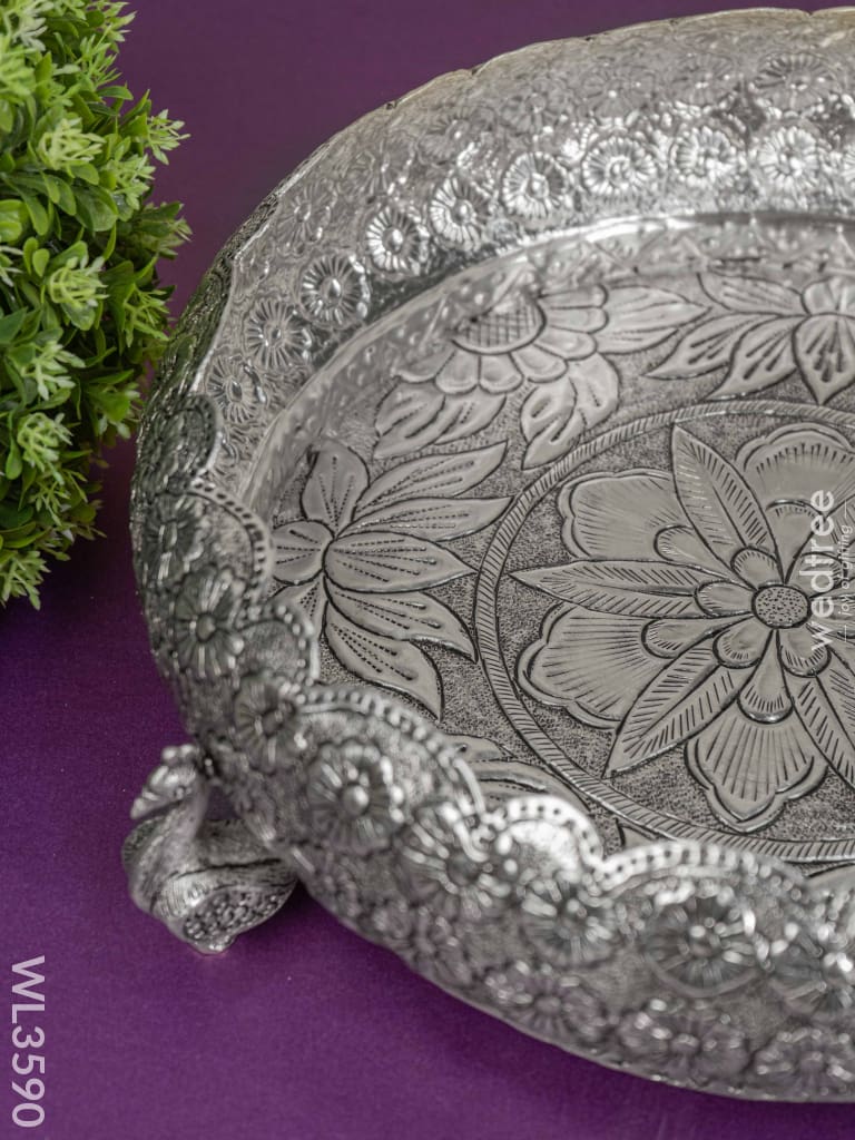 German Silver Antique Floral Urli With Peacock Stand - 11 Inch Wl3590
