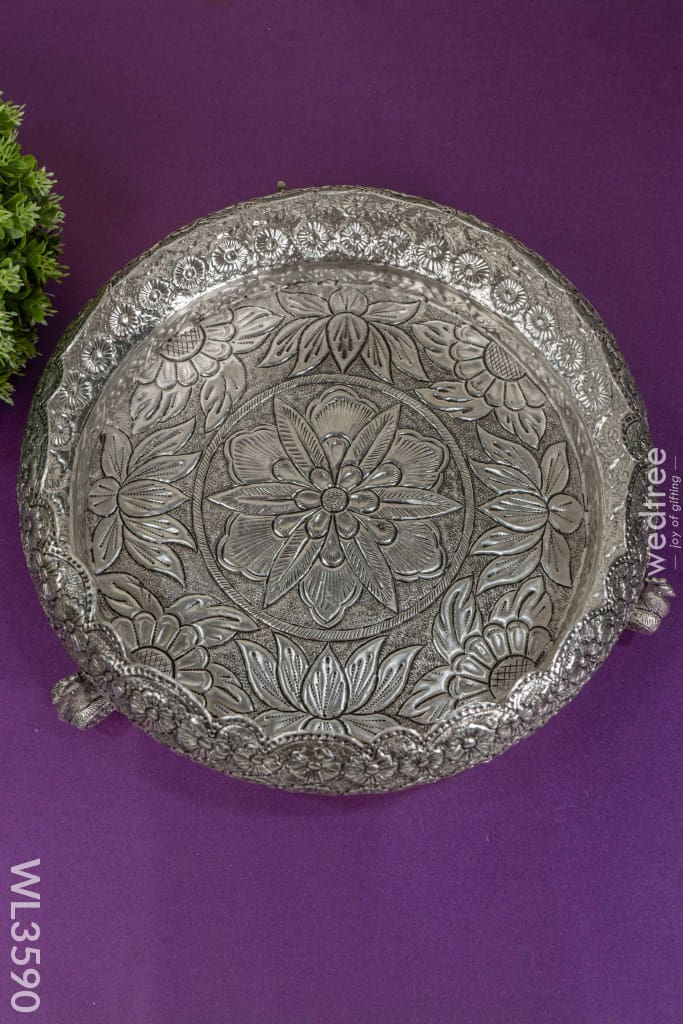 German Silver Antique Floral Urli With Peacock Stand - 11 Inch Wl3590