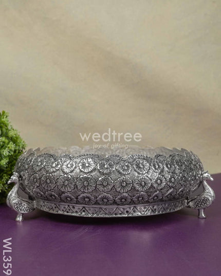 German Silver Antique Floral Urli With Peacock Stand - 11 Inch Wl3590