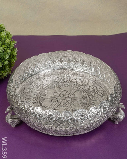 German Silver Antique Floral Urli With Peacock Stand - 11 Inch Wl3590