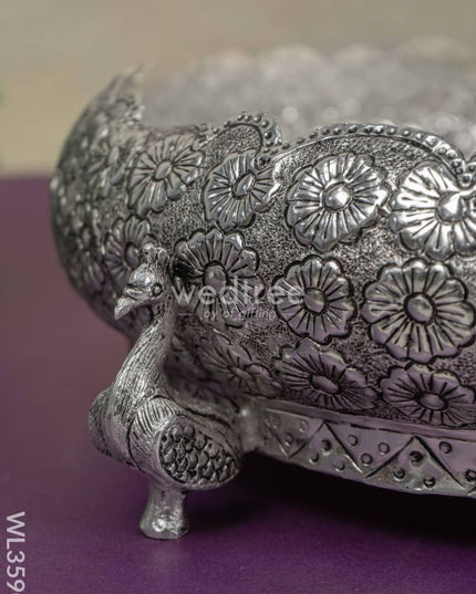 German Silver Antique Floral Urli With Peacock Stand - 11 Inch Wl3590