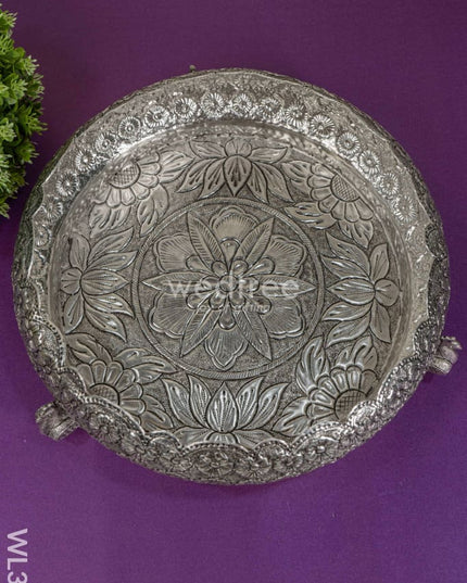 German Silver Antique Floral Urli With Peacock Stand - 11 Inch Wl3590