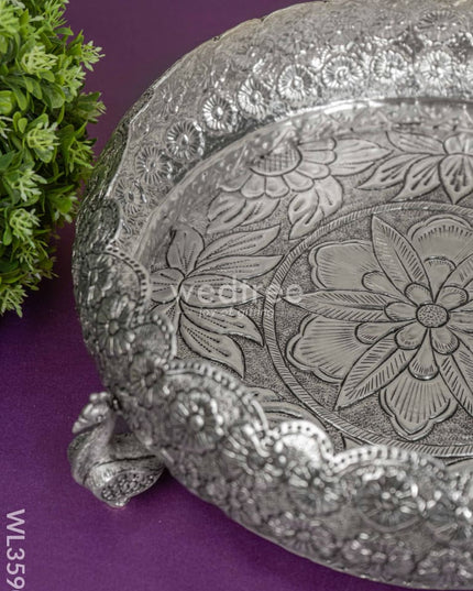 German Silver Antique Floral Urli With Peacock Stand - 11 Inch Wl3590