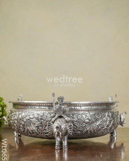 German Silver Antique Urli With Elephant Stand - 14 Inch Wl0654