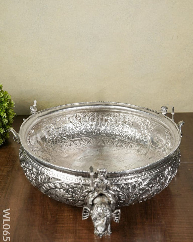 German Silver Antique Urli With Elephant Stand - 14 Inch Wl0654